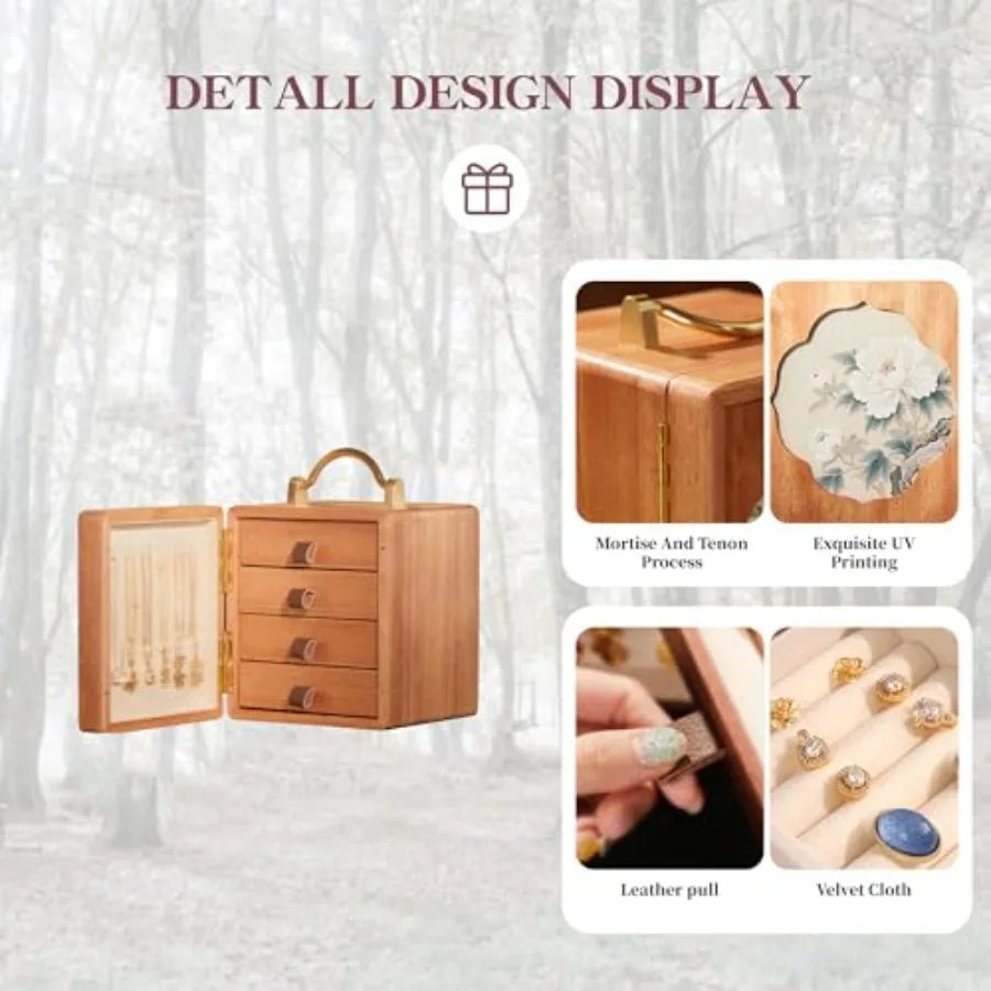 Wooden Jewelry Box for Women Walnut Wooden Jewelry Box with handle 4-Tier Jewelry Organizer for Rings Necklaces