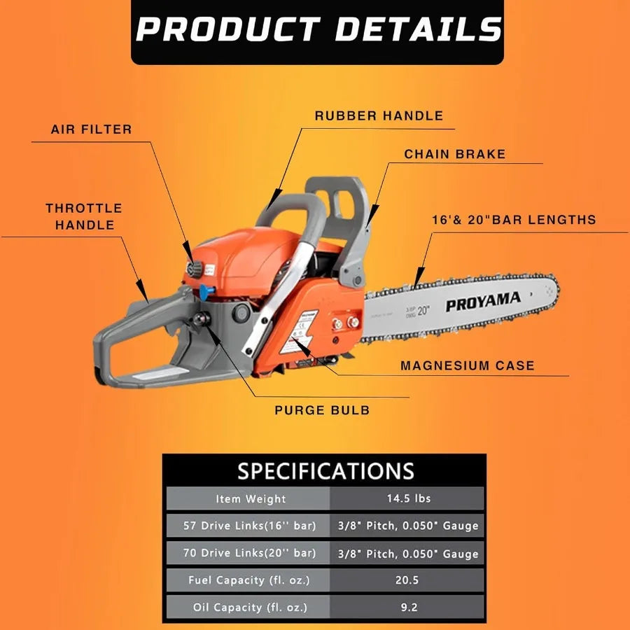 Gas Powered Chainsaw 58CC 2 Cycle 2.8HP 16inch 20inch Bar Outdoor Cordless Chainsaw for Forest Wood Cutting Garden Trimming Too