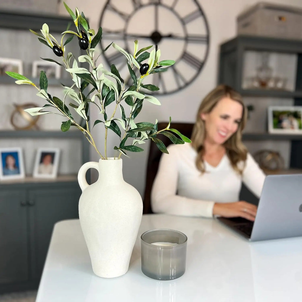 Textured Ceramic Vase with Olive Branches, 10 Inch Tall White Minimalist Decor for Home Office Gifting