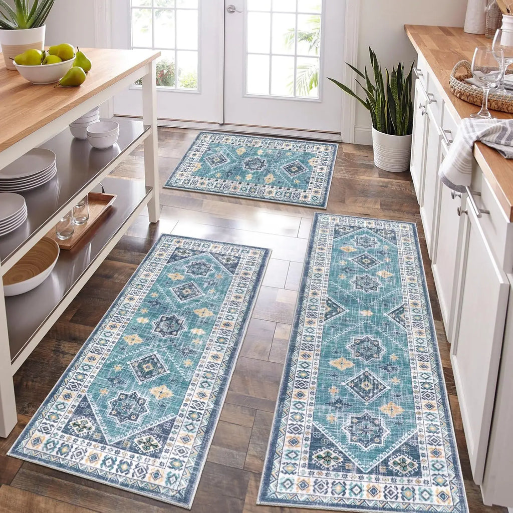 Boho Kitchen Rug Set with Runner, Non-Slip Washable Floor Mats for Hallway and Laundry, Holiday Decor