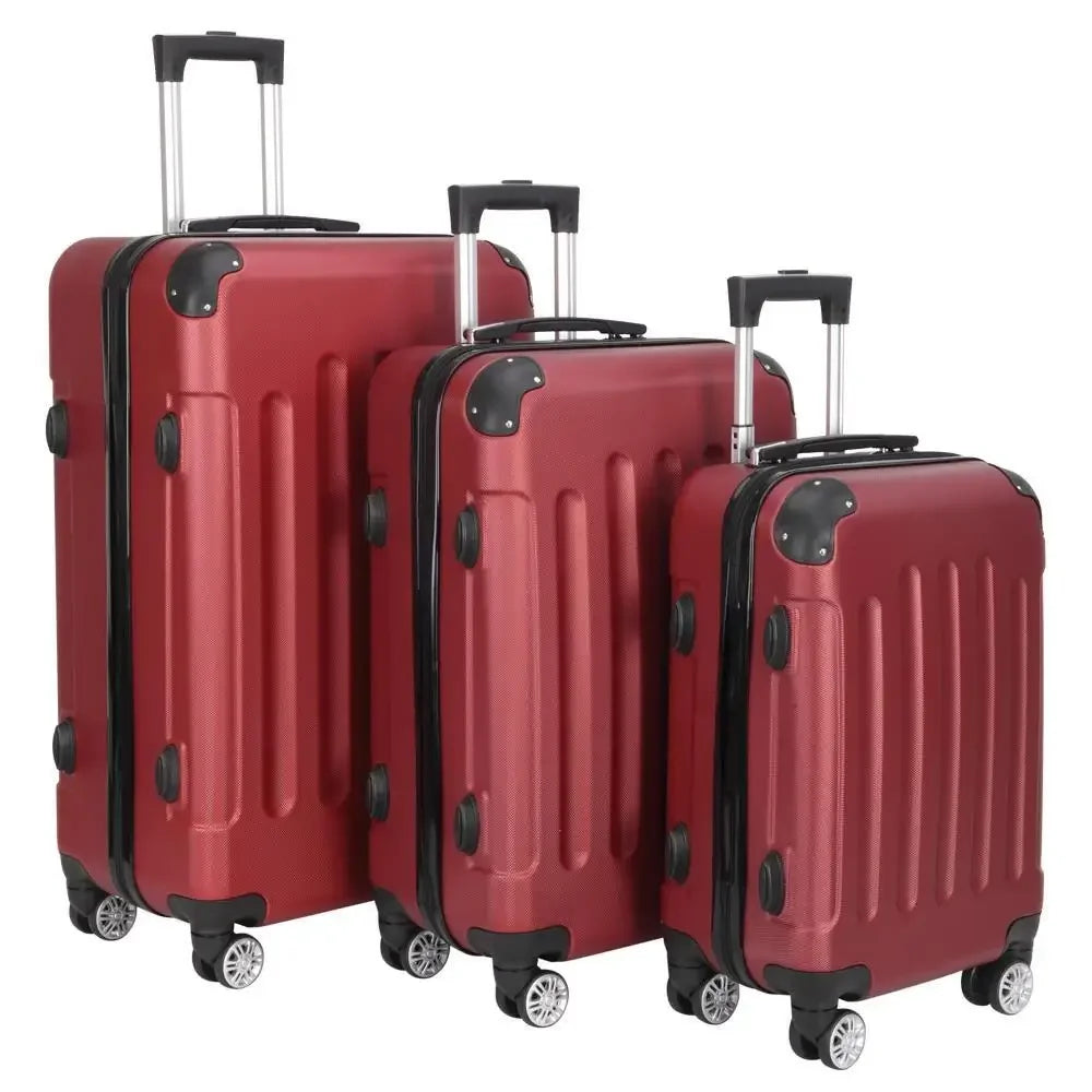 Wine Red 3 Pieces Travel Luggage Set Bag ABS Trolley Carry On Suitcase TSA Lock