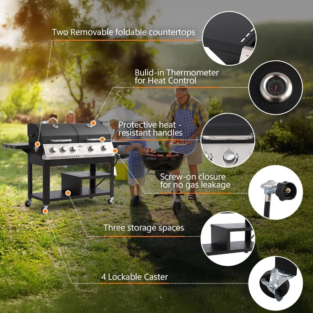 5-Burner Propane Gas Grill and Griddle Combo, Dual Zone Outdoor BBQ with 54,000 BTU 627 SQ.IN. Stainless Steel & Porcelain Cast