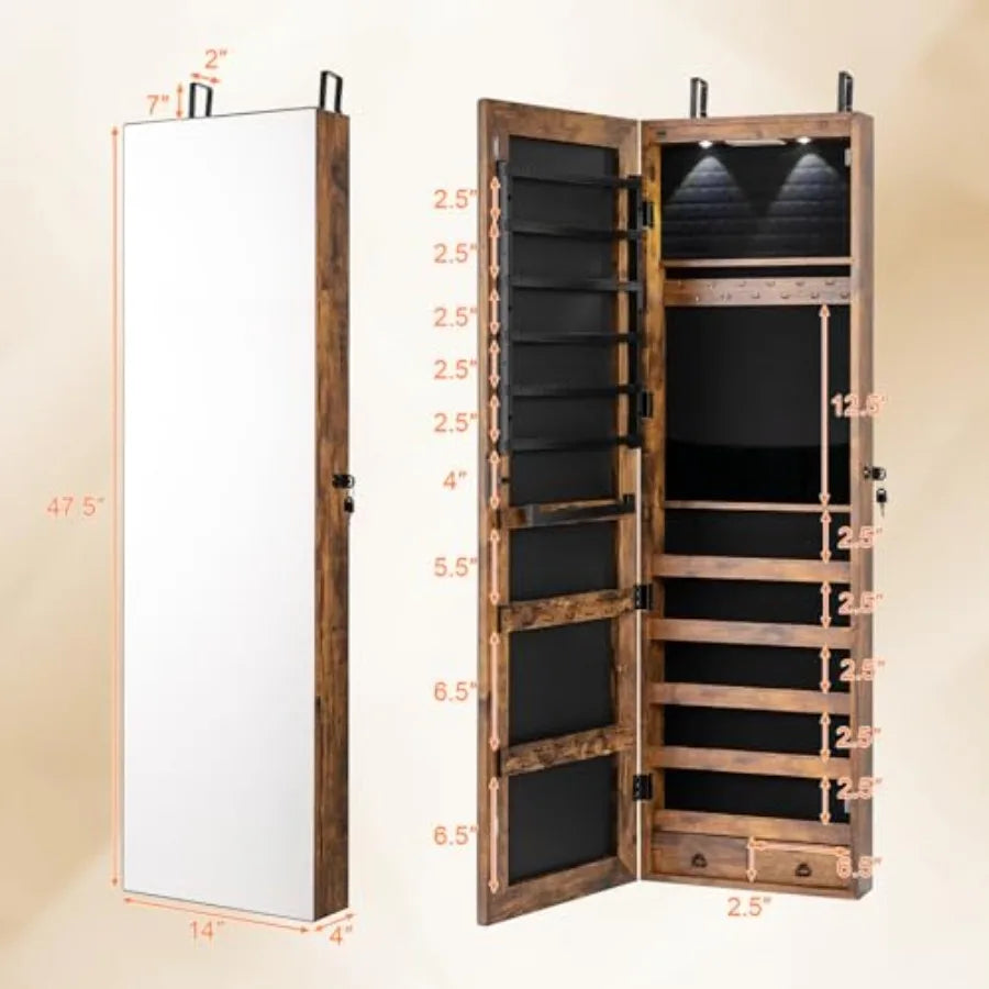 2 LEDs Full Length Mirror with Jewelry Armoire Jewelry Organizers and Storage with 2 Mounting Options 47.5 H Jewelry Cabinet wi