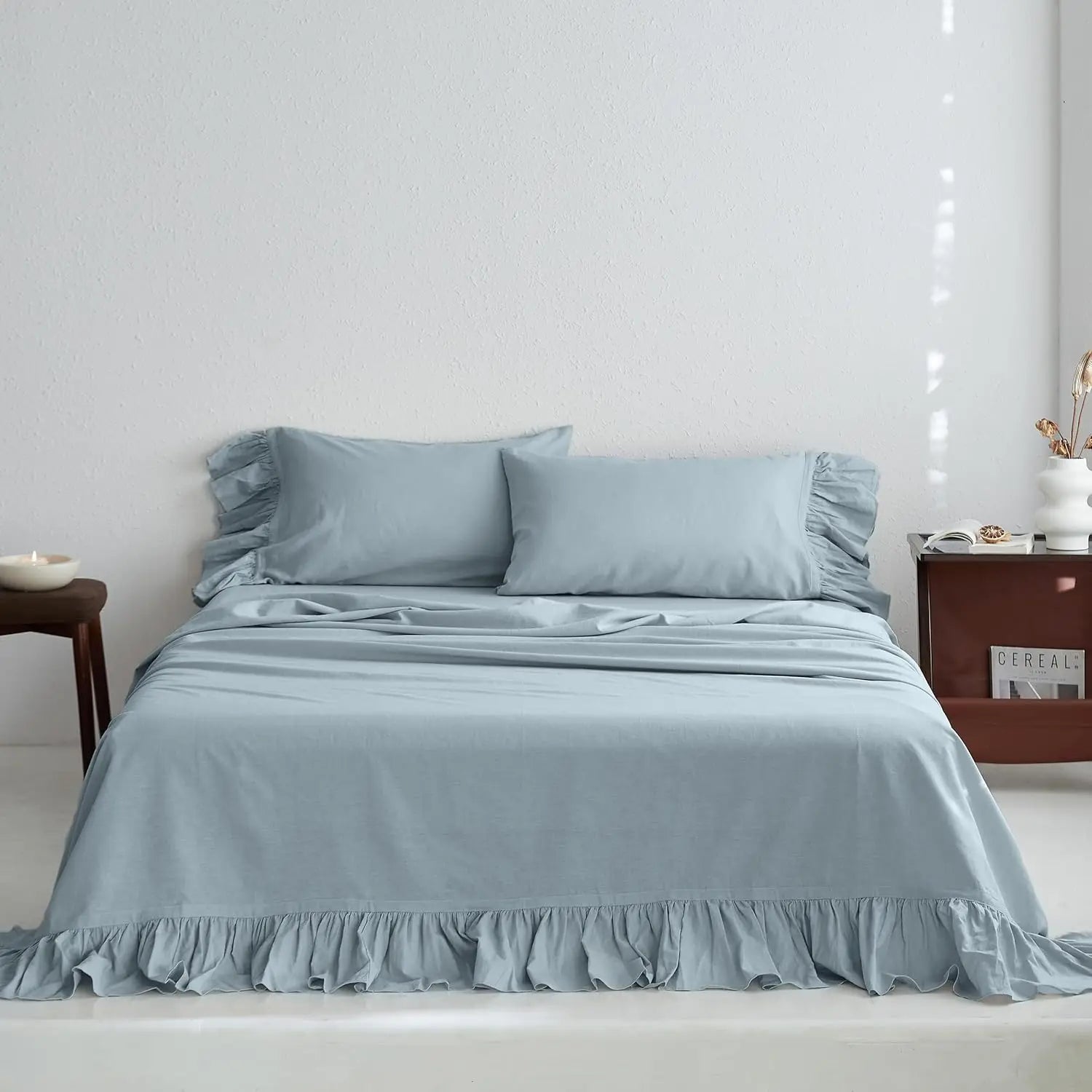 Belgian Linen Sheet Set with Long Ruffles 4pcs (1 Flat Sheet, 1 Fitted Sheet & 2 Pillowcases) Solid Shabby Vintage Chic Country