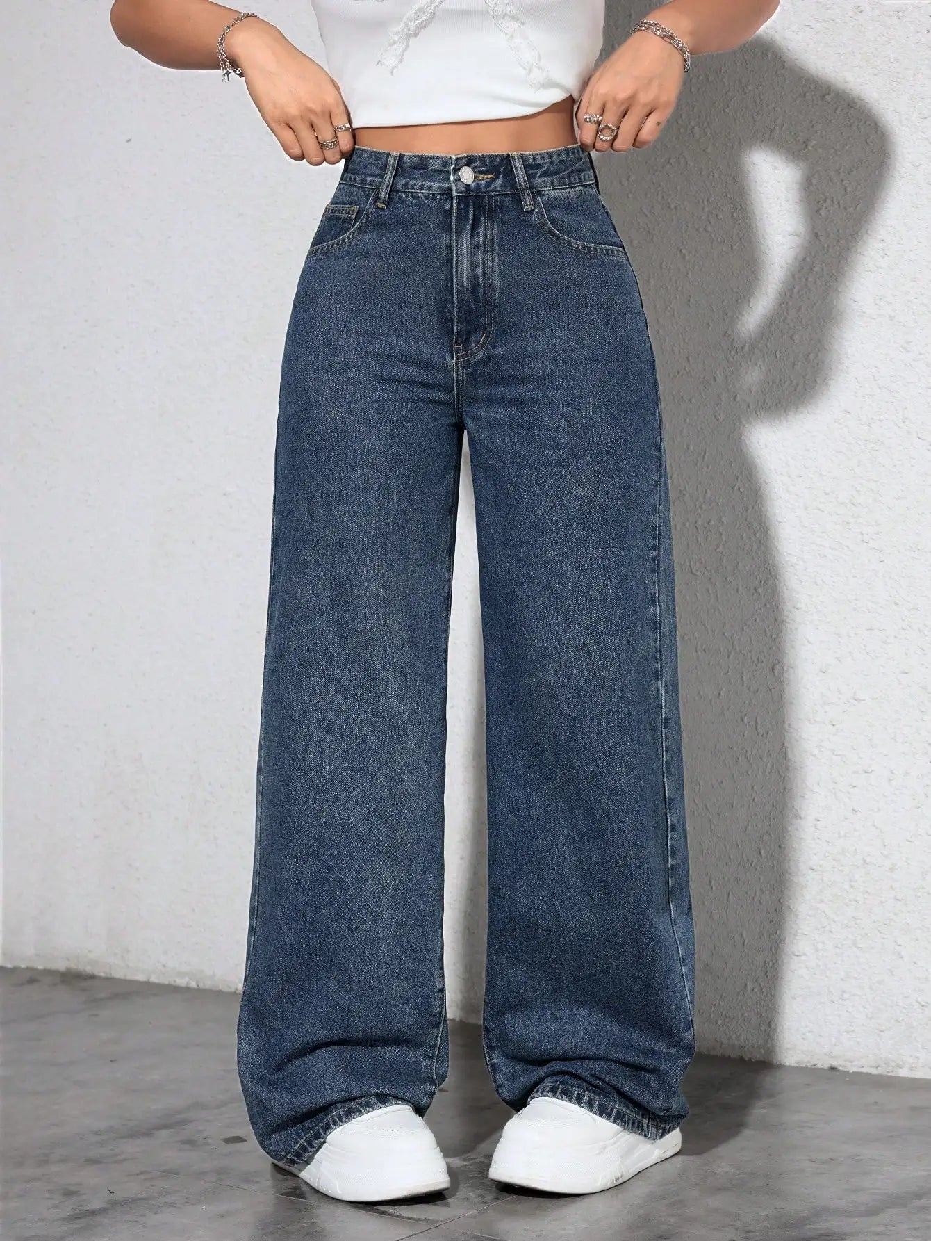 High Waist Wide Leg Black Denim Jeans for Women, Casual Streetwear Style