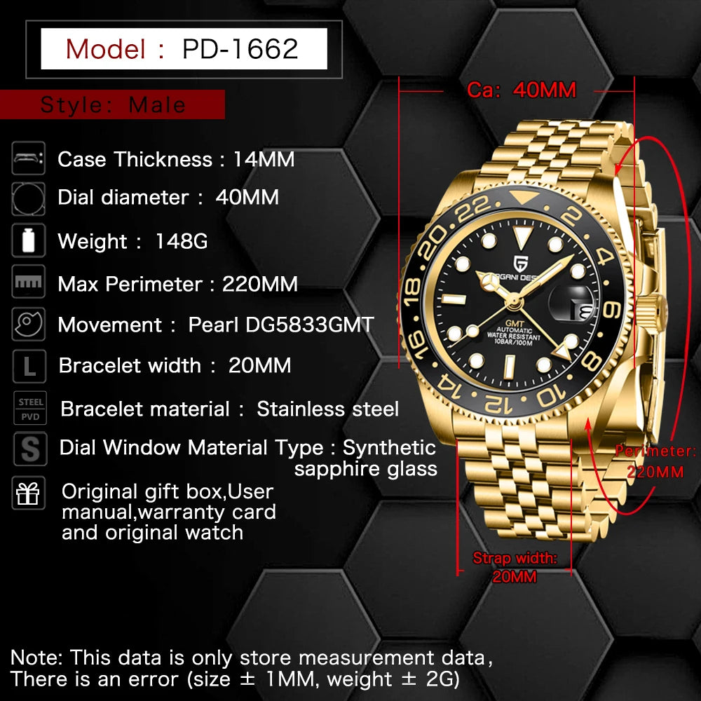 PAGANI DESIGN V3 PD-1662 GMT Watches Men's Luxury Sapphire Automatic Mechanical Watch 40MM Stainless Steel 100M Waterproof Watch