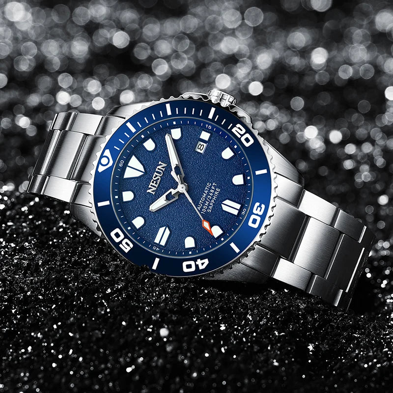 Nesun Men's mechanical watch, stainless steel automatic mechanical watch, waterproof luminous watch, men's business style wrist