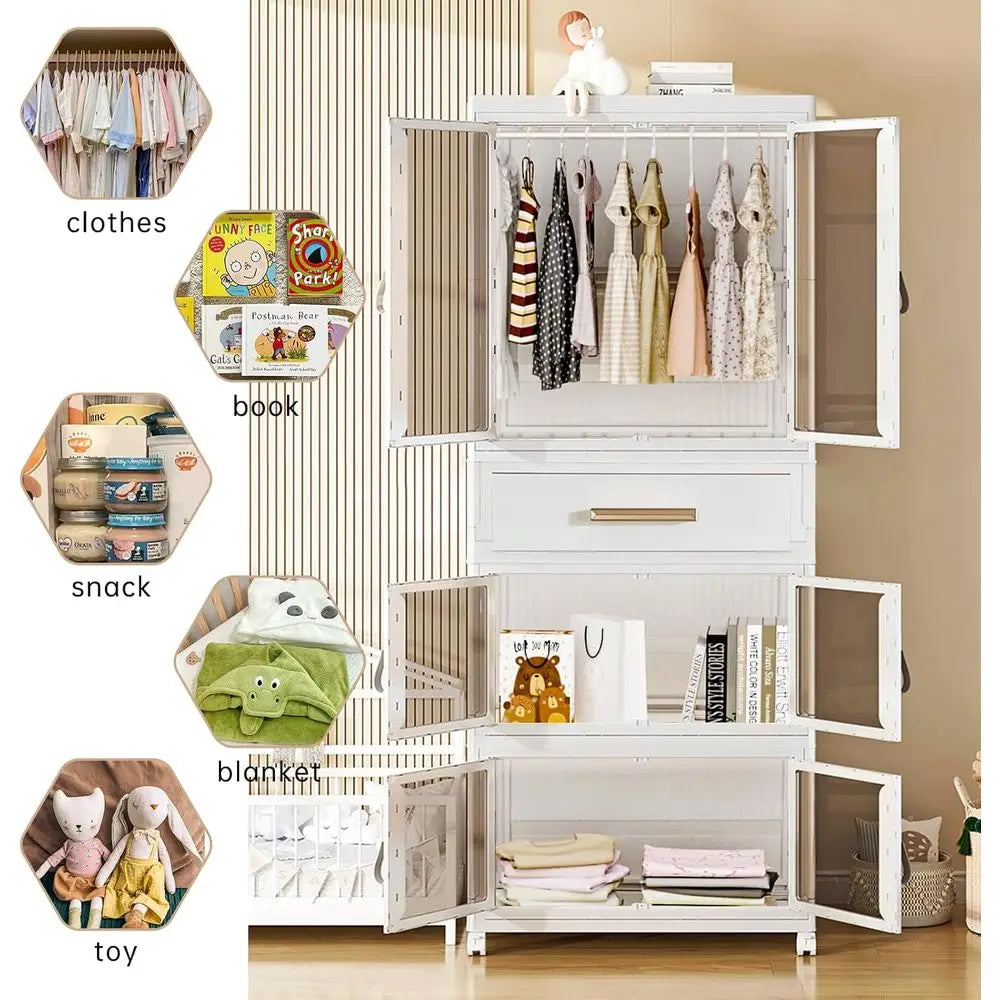 Portable Kids Closet Children's Armoire Adults Clothes Wardrobe Closet with Drawers and Doors, Collapsible Baby Costume Storage