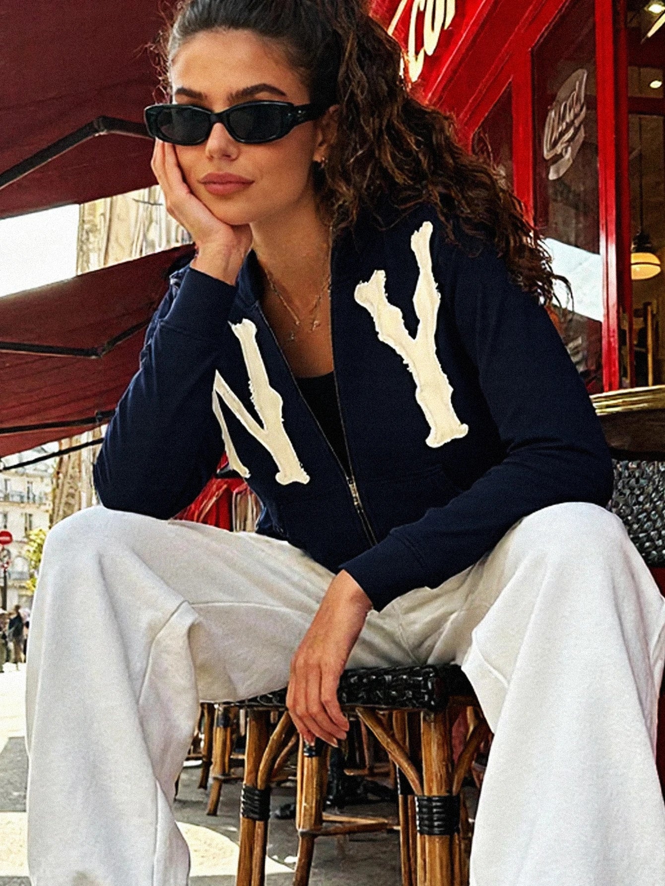 NY Navy Blue Letter Pattern Fall Jackets for Men Y2K Casual Zip Up Hoodie Fashionable Sports Style Jacket Unisex