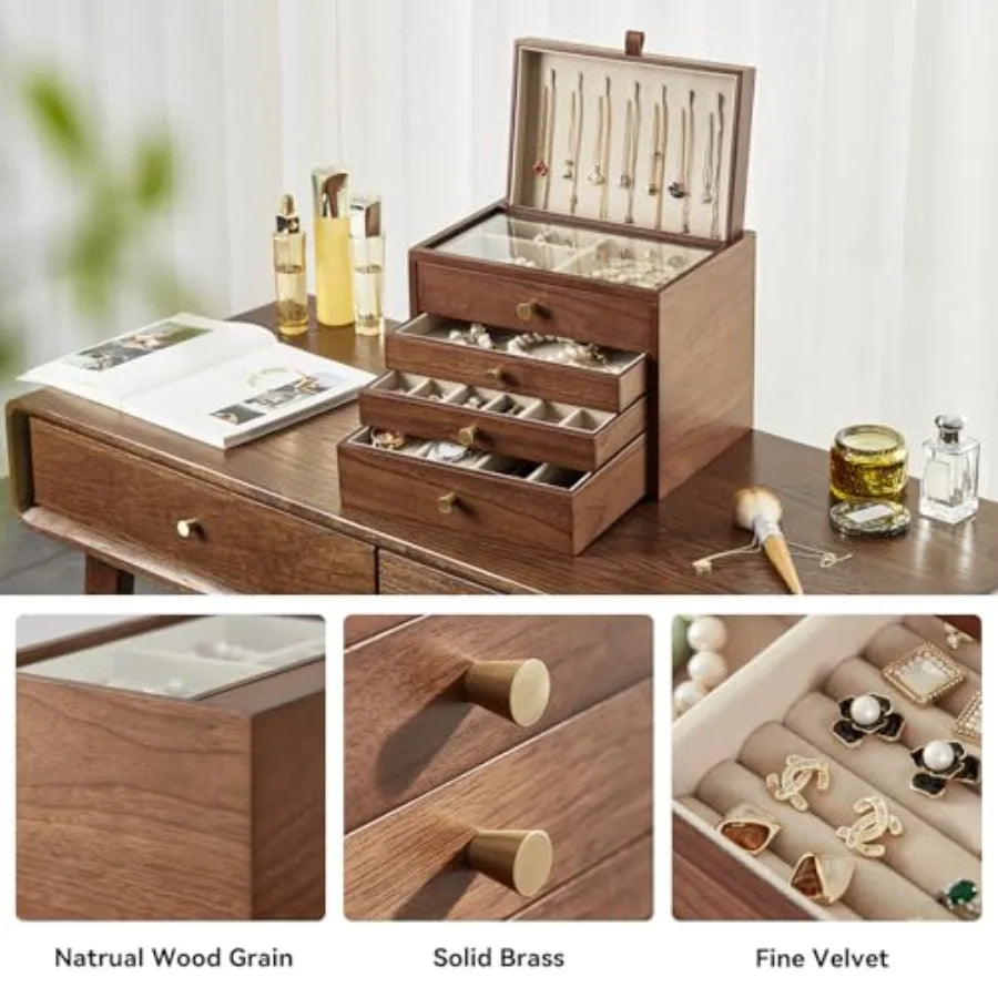 Black Walnut Wooden Jewelry Box for Women 4 Layer with Glass Lid and Pull-out Necklace Storage Layer Watch Necklace Ring Earrin