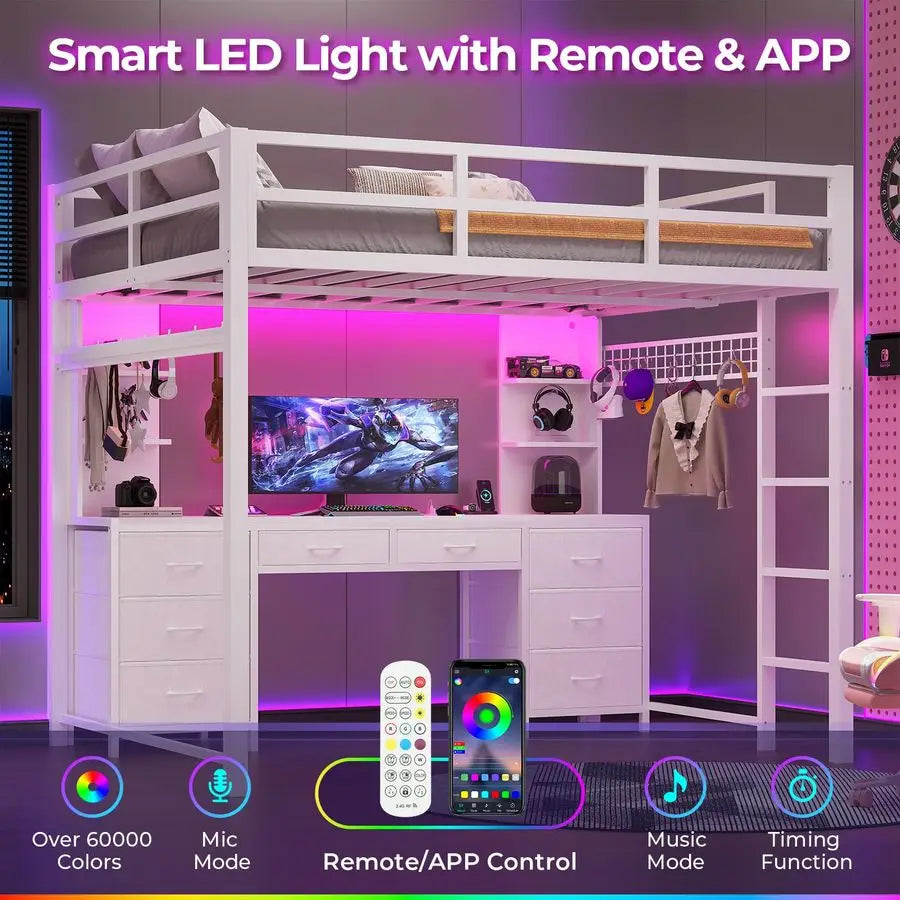 Full Size Loft Bed with Desk and 8 Storage Drawers, Metal Loft Beds Full with LED Lights amp Charging Sation, Heavy Duty Loft Be