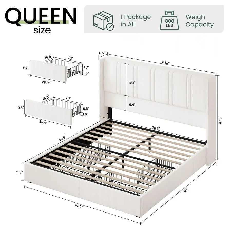 Queen Size Bed Frame with 4 Storage Drawers and Wingback Headboard Linen Upholstered Platform Bed Frame with Wooden Slats, Easy