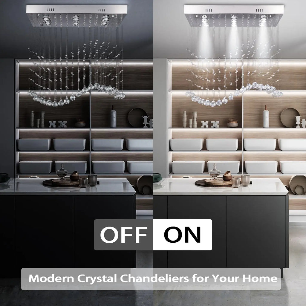 31.5'' Rectangular Linear Crystal Chandelier for Kitchen Island, 6-Light GU10 Hanging Pendant Light, Height Adjustable K9 Crysta