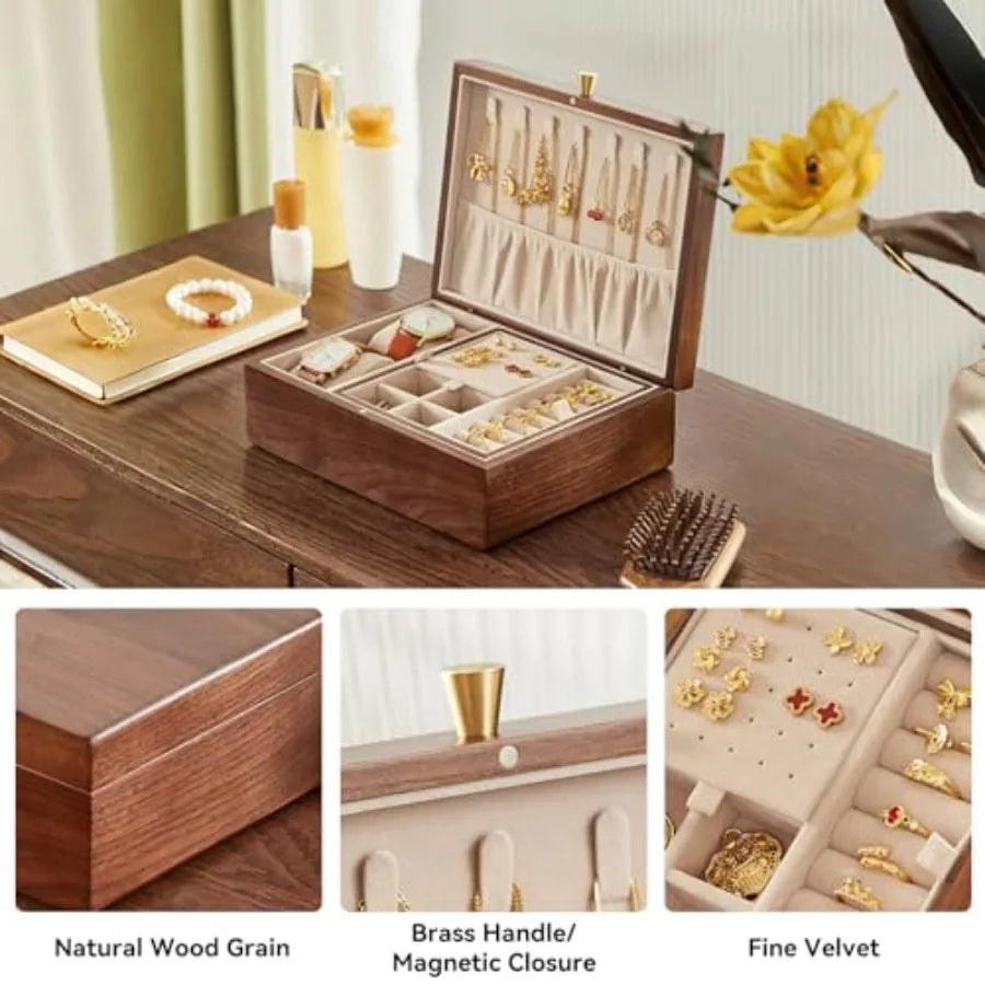 Black Walnut Wooden Jewelry Box for Women 2 Layer Jewelry Organizer with Removable Tray for Watches Rings Earrings Necklace Bra