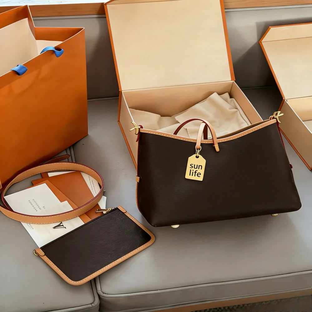 Fashion Brown Leather Tote Bag Women Top-Handle Classical Monogram