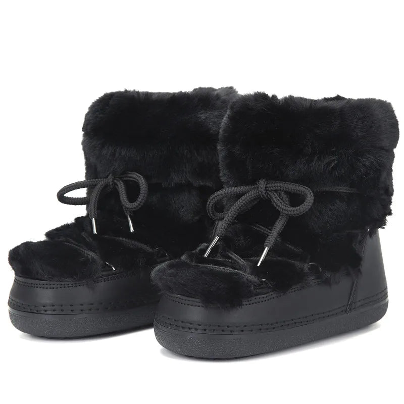 2025 Winter Snow Boots Women Ski Boots Luxury Fluffy Furry Fur Boots Female Rivets Warm Waterproof Platform Black Cotton Boots