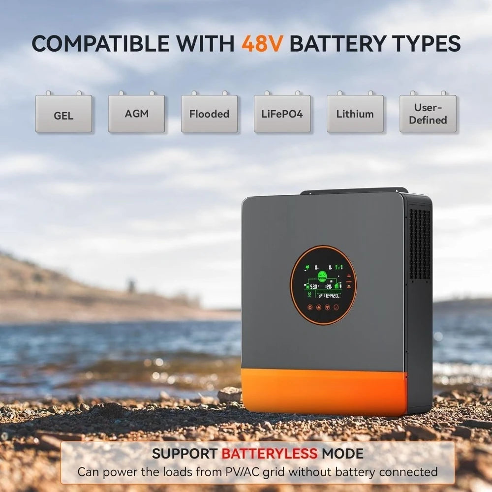 5200W Hybrid Solar Inverter 48V DC to 110V/120VAC, Split Phase Inverter with 100A MPPT Controller, Max. PV Input 6KW 500VDC