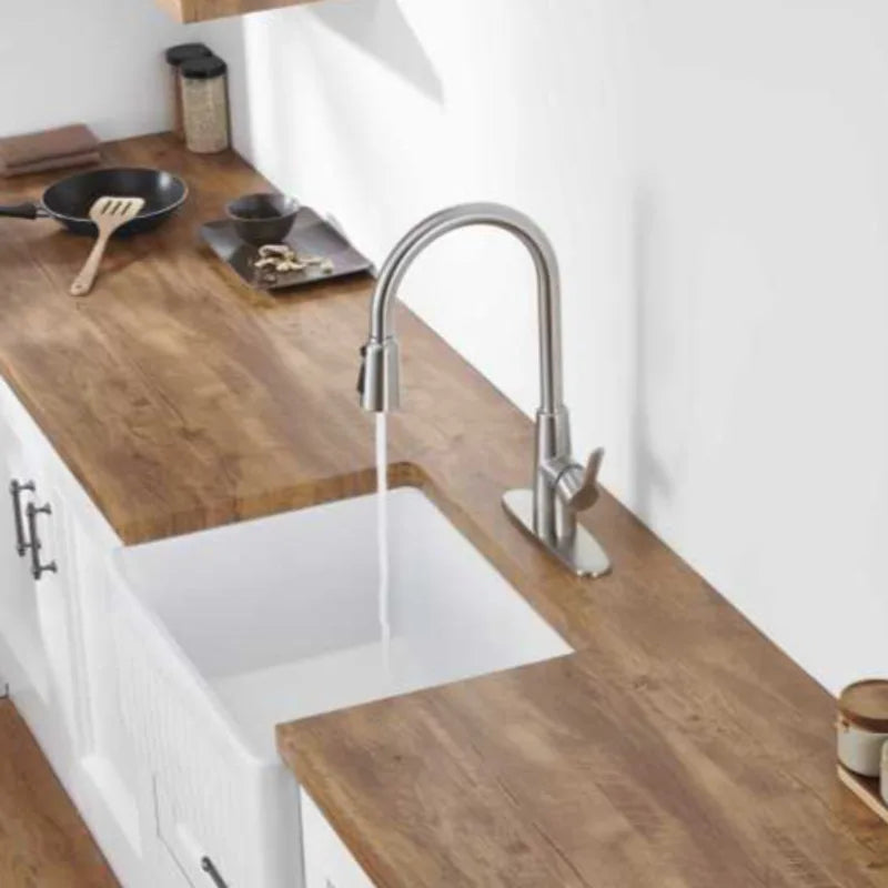 Stainless Steel High Arc Kitchen Faucet  Brushed Nickel Pull Out Sprayer 3 Way Setting Single Handle Leak Proof Sink Fixture