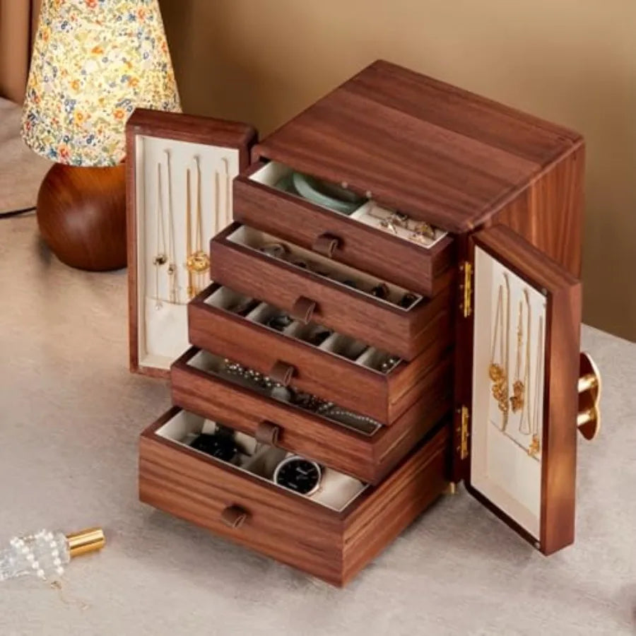 Wooden Jewelry Box 5 Layers Solid Wood Black Walnut Large Jewelry Organizer with Brass Handle for Necklaces Rings Earrings Watc