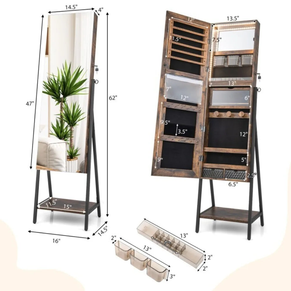 Jewelry Cabinet Armoire Storage Organizer Freestanding with Full-Length Mirror