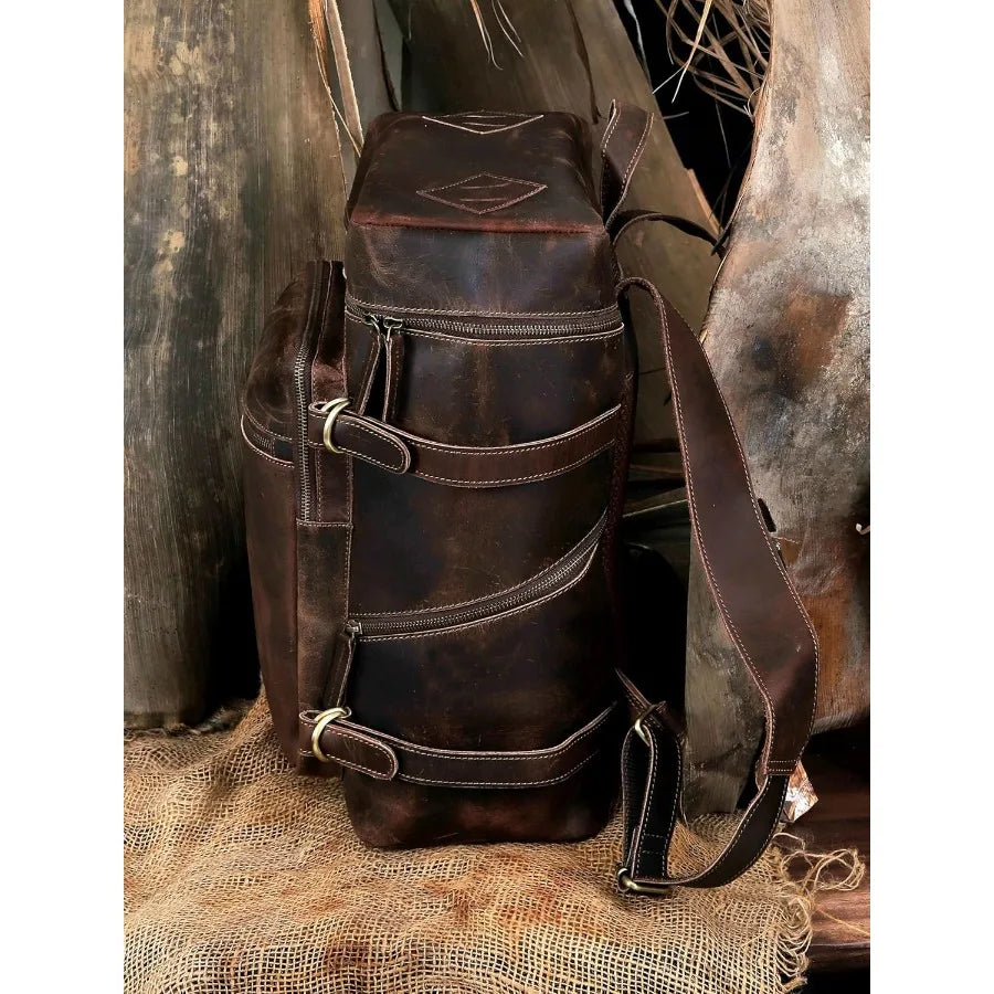 HLC Leather Backpack Genuine Laptop Rucksack For Men Women Genuine Large Capacity Business Retro Travel Camping Daypack Bag Bro