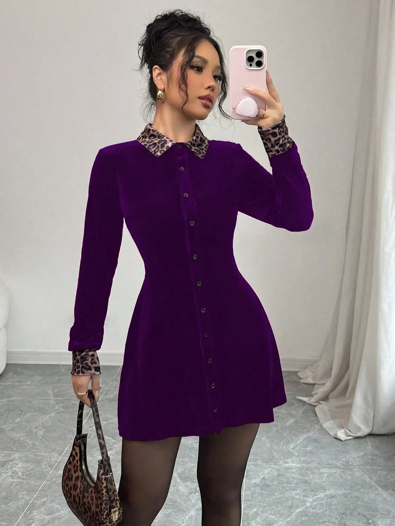 Selianne Leopard Velvet Black Elegant Romantic Minimalist Loose Fit Dress For Women Fall Cloth For Women