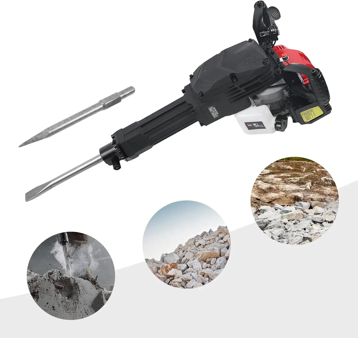 Petrol Demolition Hammer 2-Stroke Chisel Hammer Hand Pull Start Air-Cooling Hammer Drilling Machine with Point and Flat Chisel