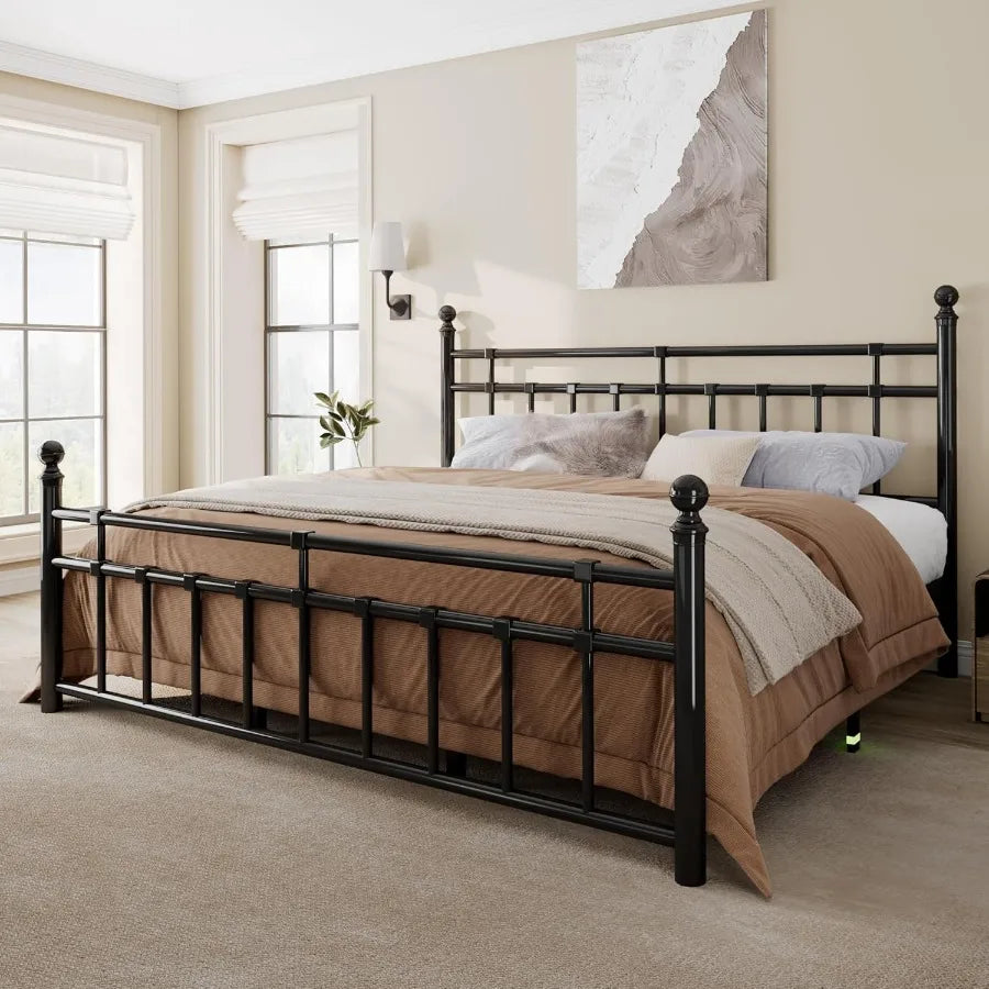 King Size Metal Bed Frame Platform Bed with Classic Wrought Iron Art Headboard and Footboard for Modern Bedroom 12 Inch Underbe
