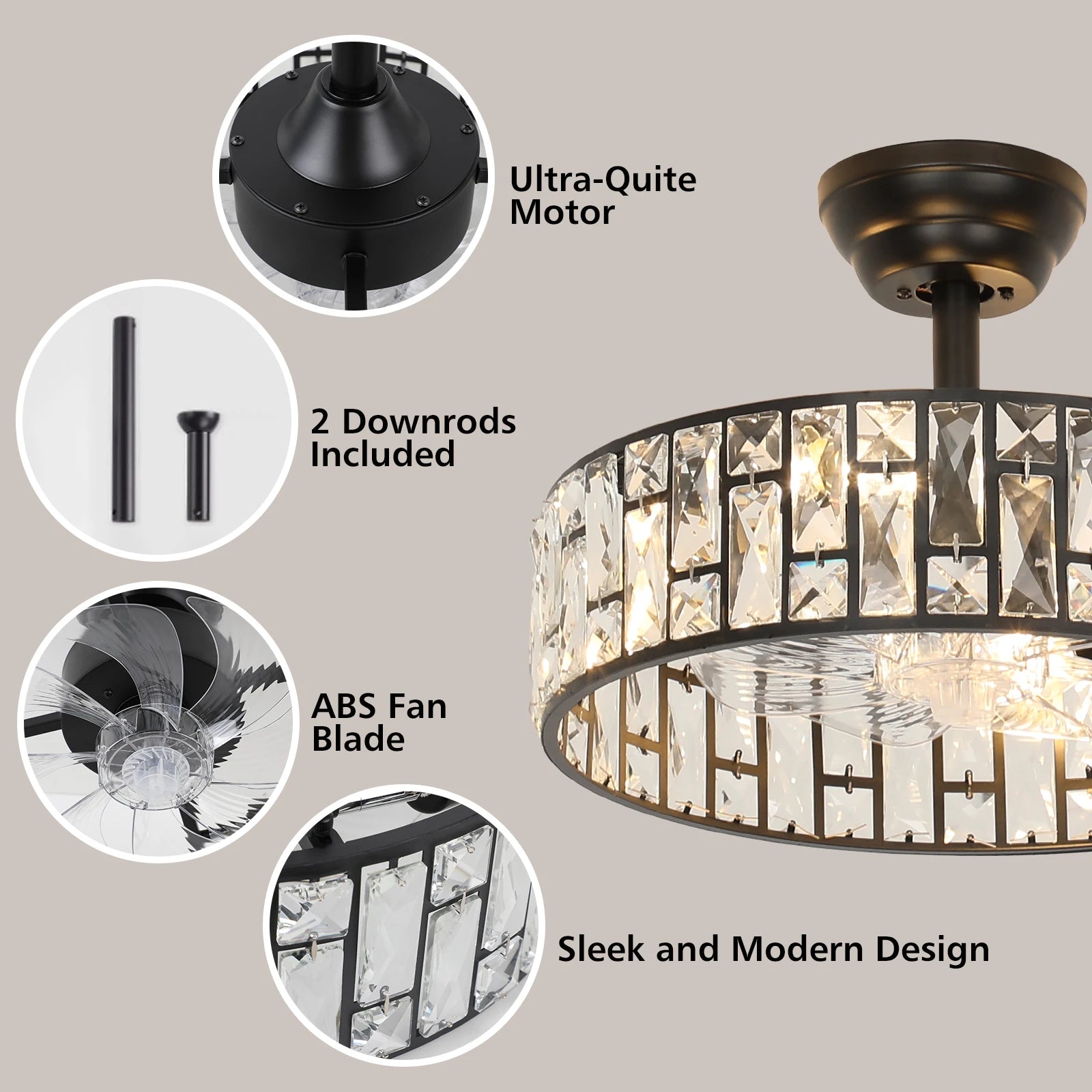 17.91" Modern Luxury Ceiling Fan Light With Semi-Recessed Installation, 6-Speed Remote Control, For Living Room, Hotel Lobby