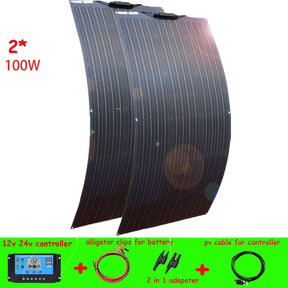 WUZECK 12V Solar Panel Kit 200W 2pcs 100W Solar panels with 12V 24V 20A controller, extension cable,  battery connection cable