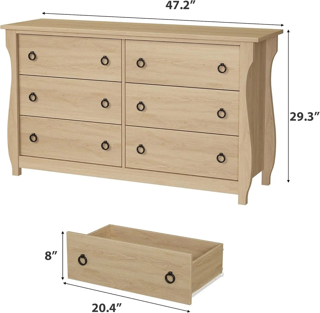 47 in Wide Chest of Drawer Modern Wood 6 Drawer Dresser with Black Ring Pull Handles Storage Organizer for Living Room Bedroom