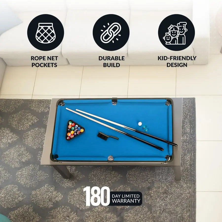 Breakout 40in Tabletop Billiards Set for Dining or Game Tables Compact Blue Pool Playing Surface with Cue Sticks, Ball Kit, Tria