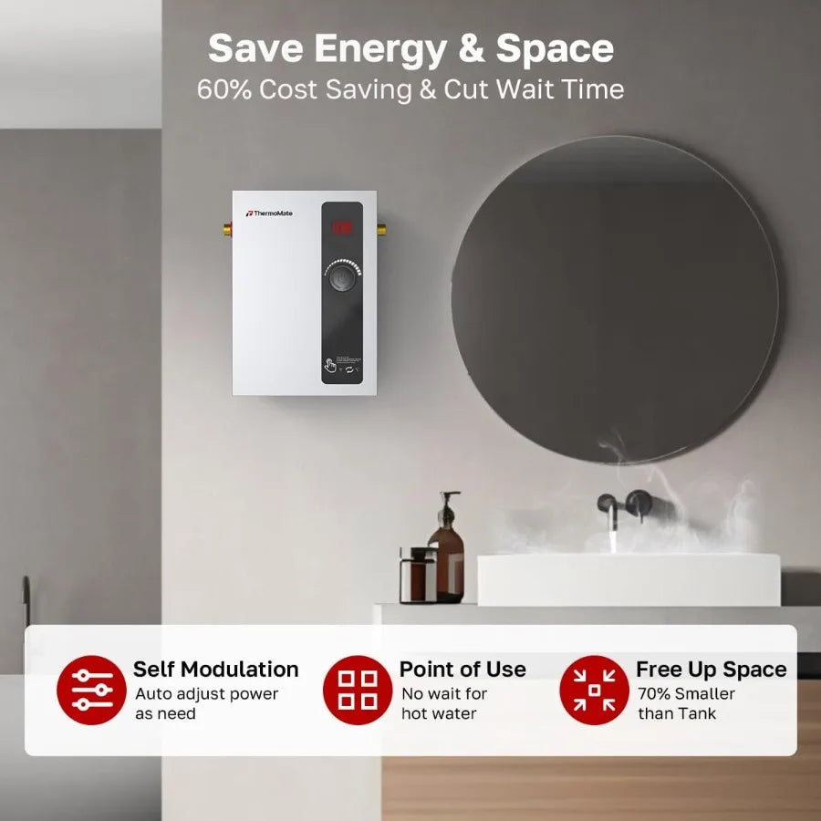 Tankless Water Heater Electric 8kW at 240 Volt On Demand Instant Hot Water Heater for Point of Use Self-Modulating Save Energy