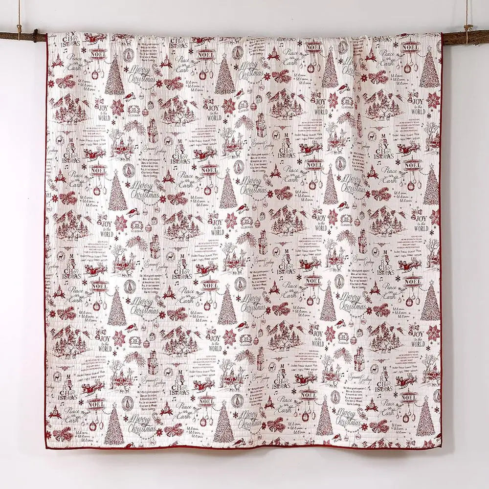 Christmas Script Cotton Quilt Set - Full/Queen (88x92in) with 2 Pillow Shams (26x20in) - Red and Cream - Reversible