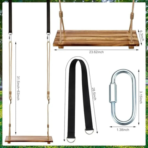 2 Pcs Wood Swing Seat Carbonized Hanging Tree Swing Adjustable Anticorrosive Waterproof Wooden Swing 440lbs Load Indoor Outdoor