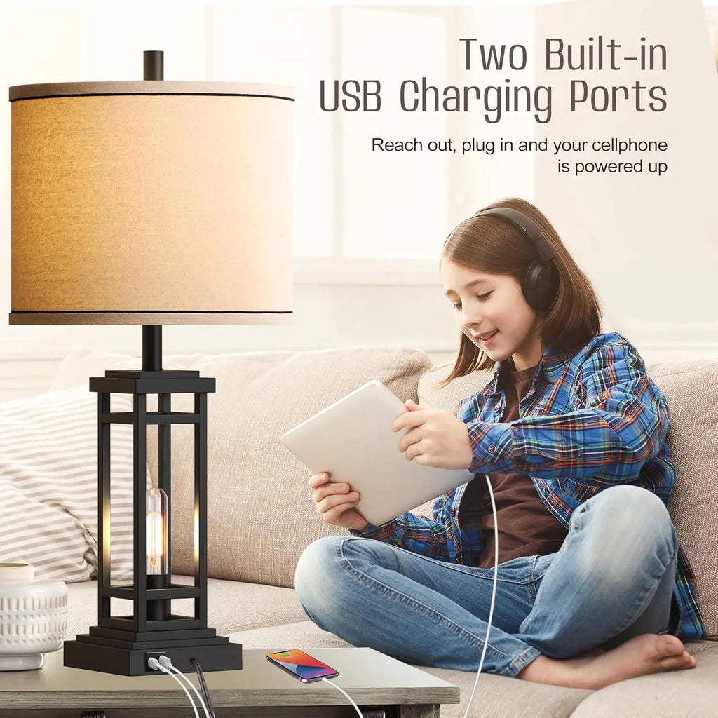 27.5" Tall Farmhouse Table Lamps Set of 2 with USB C/A Charge Ports, Rustic Industrial Black for Bedroom Living Room