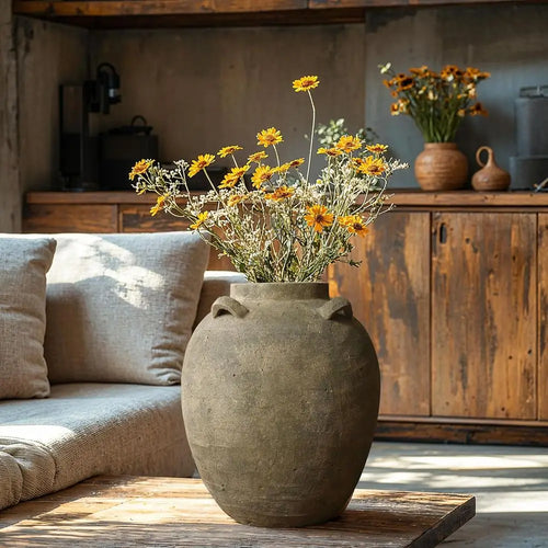 15 Brown Terracotta Floor Vase, Rustic Ceramic Cauldron for Living Room, Large Vintage Pottery Decor