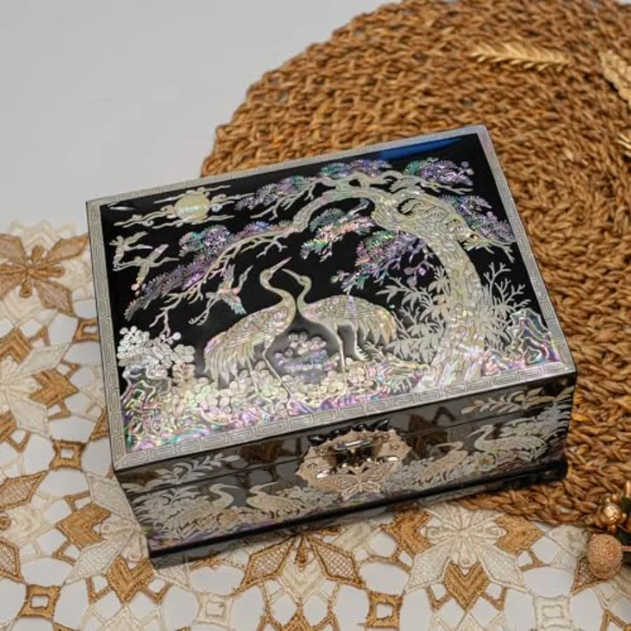 Mother-of-Pearl Crane Jewelry Box Wooden Make Two-Layer Velvet Interior Mirror Lid Lacquer Finish Handmade Korean Art Valentine