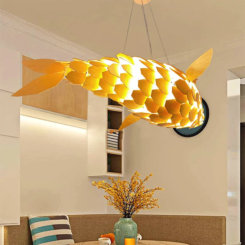 Vrygle Fish-shape Wood Ceiling Pendant Lamp Hand-woven Corridor Club Restaurant Decorative Chandeliers Lights
