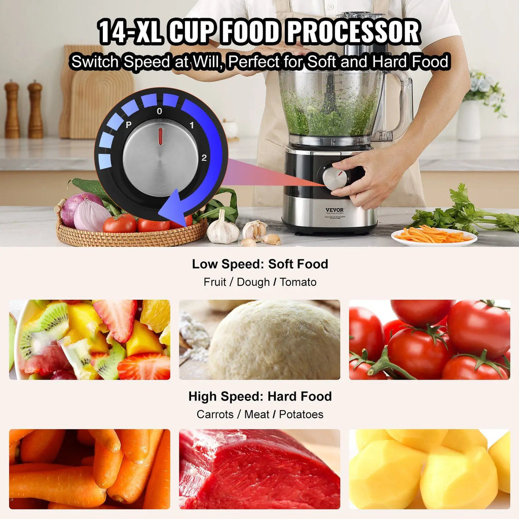 VEVOR Food Processor, 14-Cup Vegetable Chopper for Chopping, Mixing, Slicing, and Kneading Dough, 600 Watts Stainless Steel Blad
