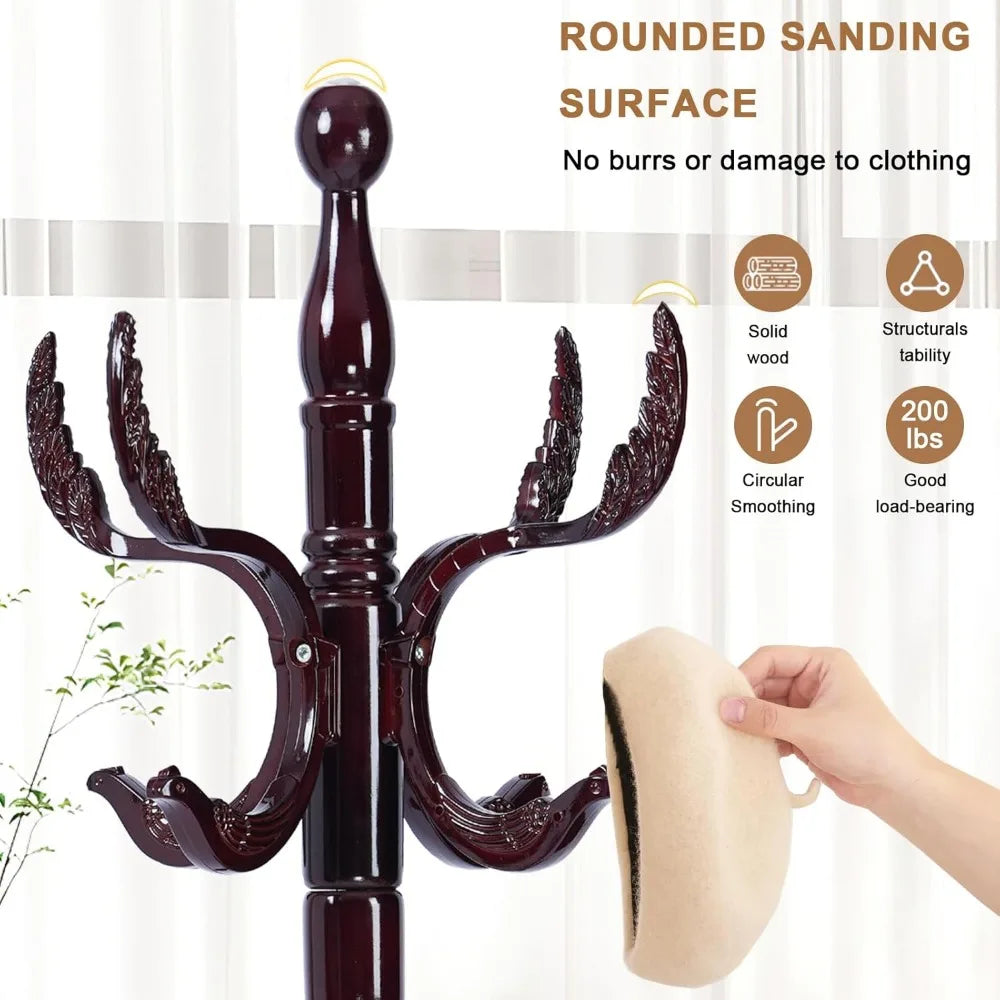 Solid Wood Coat Rack, Free Standing Hall Coat Tree with 14 Hooks, 3 Height Options, 300lbs Load, Stury Base, Clothes Rack for En