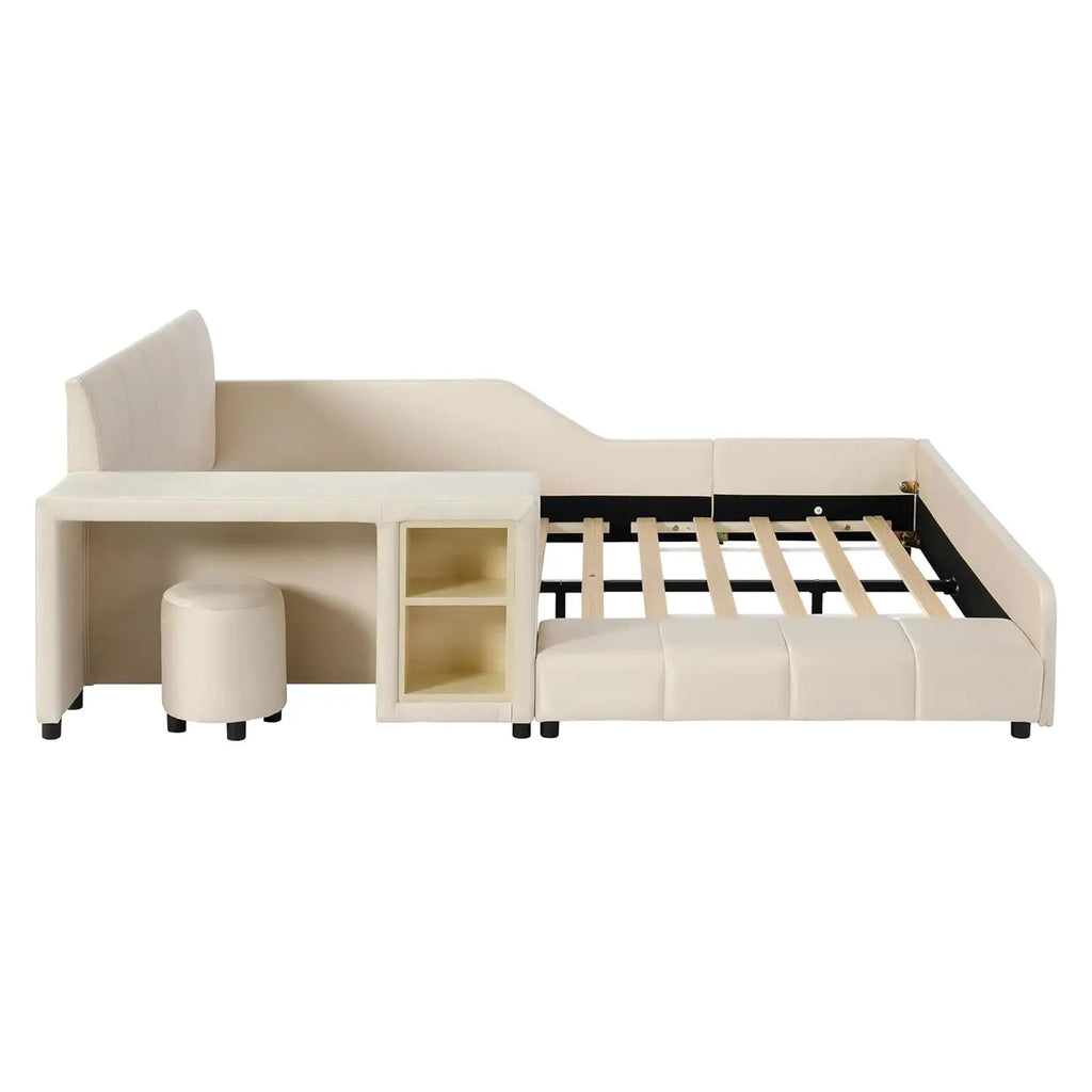 Velvet Upholstered Grounded Platform Bed, Wooden Full Size Mother & Child Bed Frame with Bedside Desk and Little, Customized