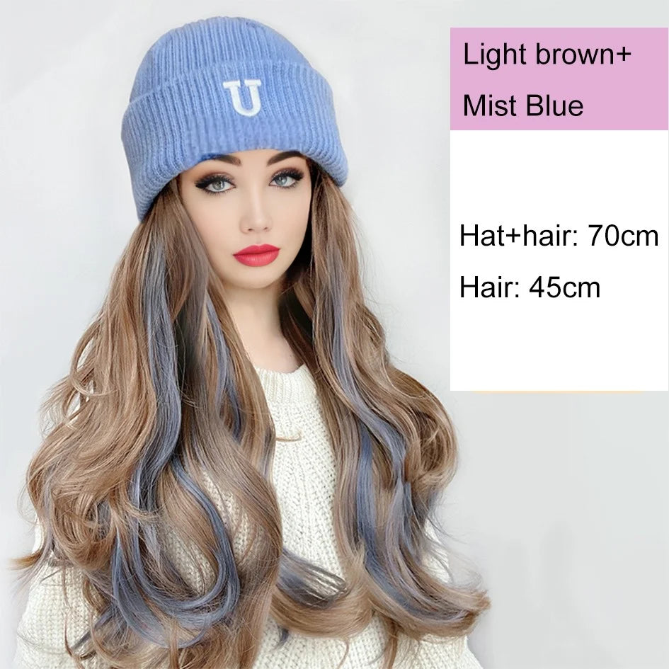 Synthetic 18 inch knitted hat with long curly hair hat wig, wavy wig, winter wig, beige/blue/coffee knitted hat Christmas outfit