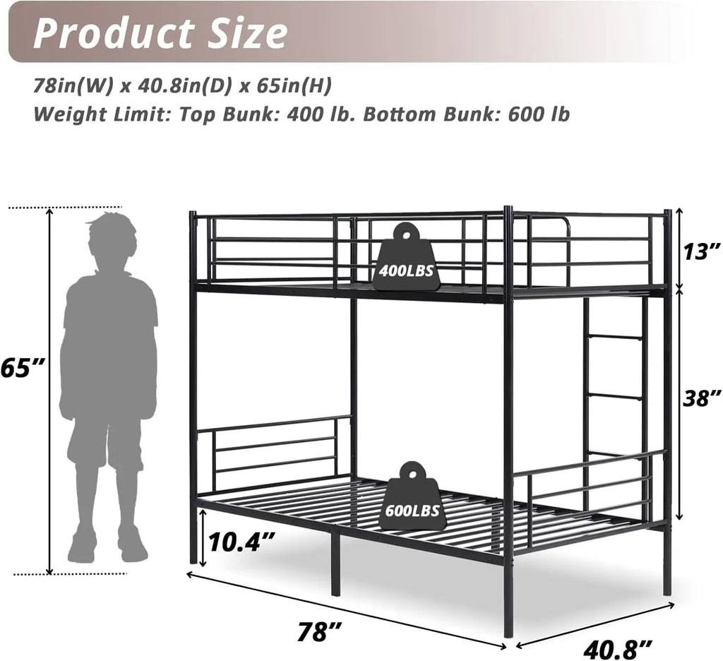 Black Twin Over Twin Bunk Bed with Ladder & Guardrail, Space-Saving Metal Bed for Kids, Teens, Adults