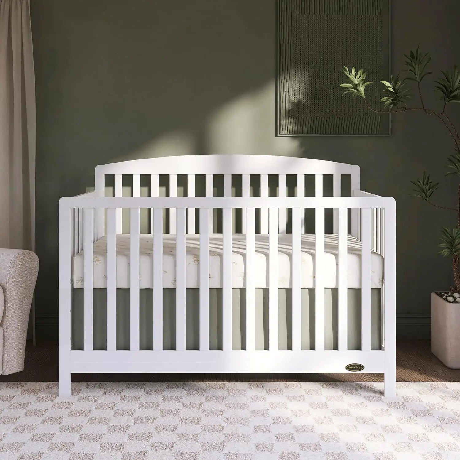 5-in-1 Convertible Full-Size Baby Crib in White, Converts to Toddler & Bed, Sustainable Pinewood, Adjustable Mattress