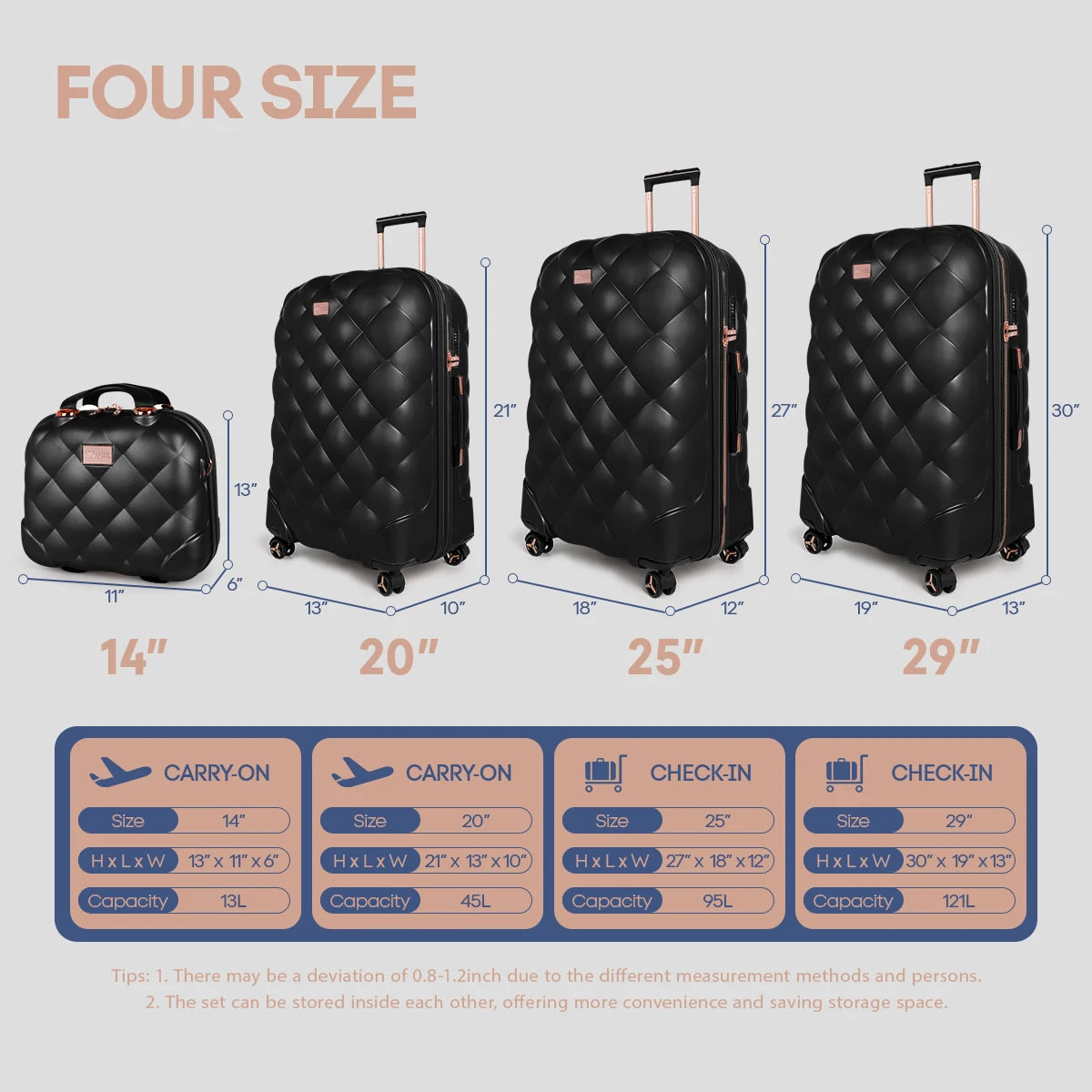Luggage Sets 4 Pieces PP  Hard Shell Lightweight Expandable Suitcase Set with Spinner Wheels & TSA Lock ,14in 20in 25in 29in