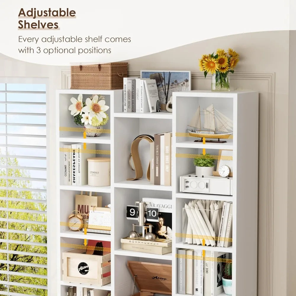 Triple Wide White Bookshelf with 8 Adjustable Shelves, Media CD DVD Storage Tower, Display Cabinet for Home Office