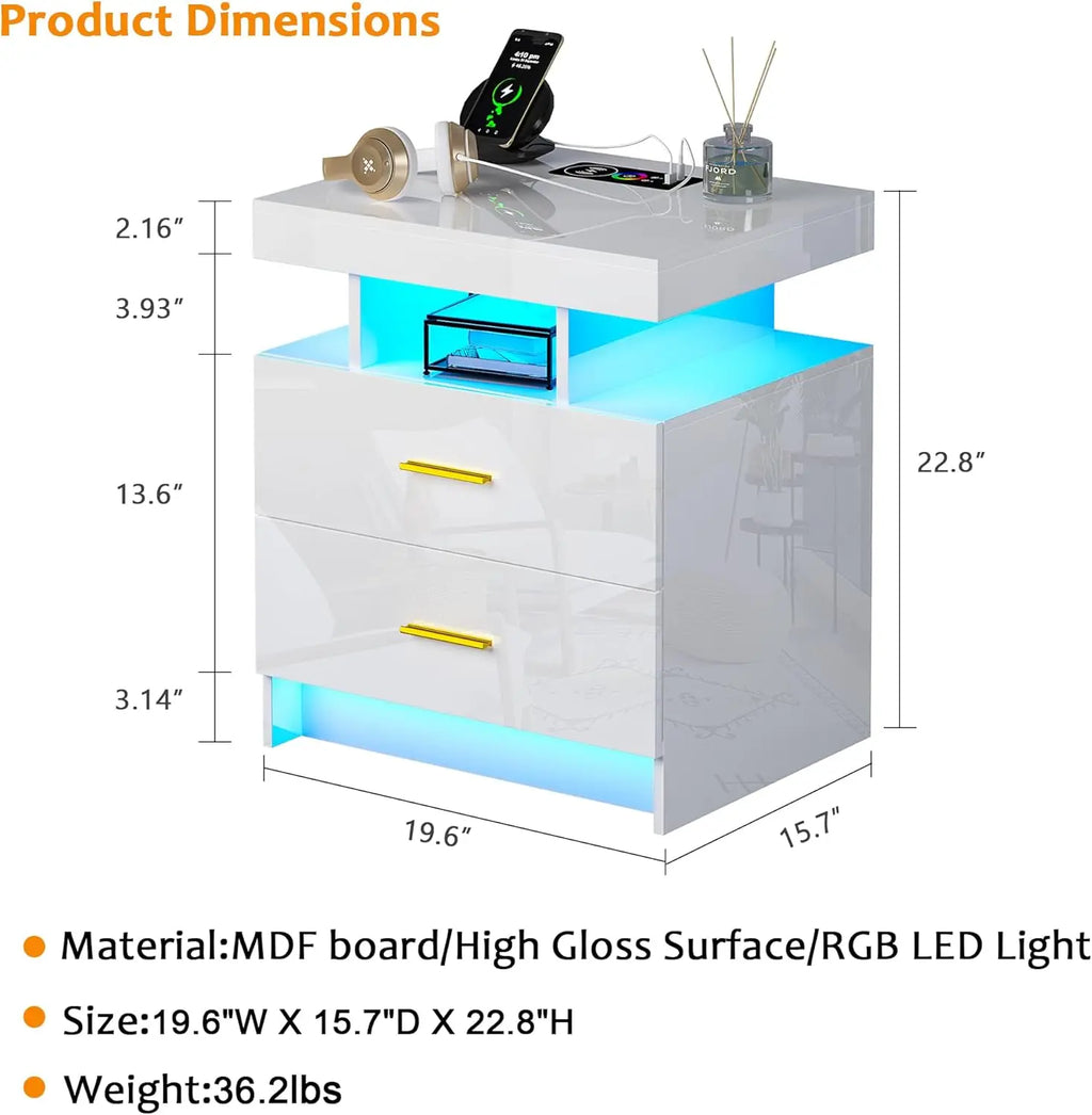 RGB LED Nightstand Set of 2 with Charging, Modern White Bedside Table with 2 Drawers