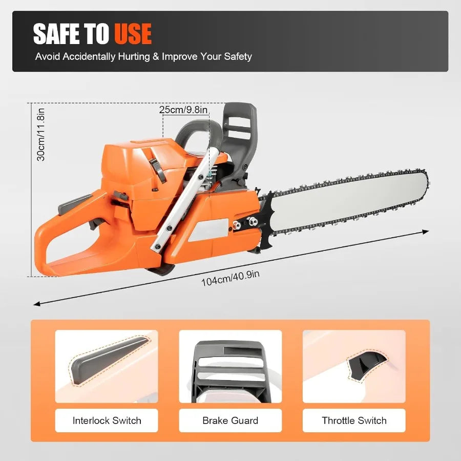 24in 72cc 2-Cycle Gasoline Powered Chainsaw 3.9kw Professional Chainsaw Set for Tree Wood Farm Garden Ranch Forest Cutting Dark