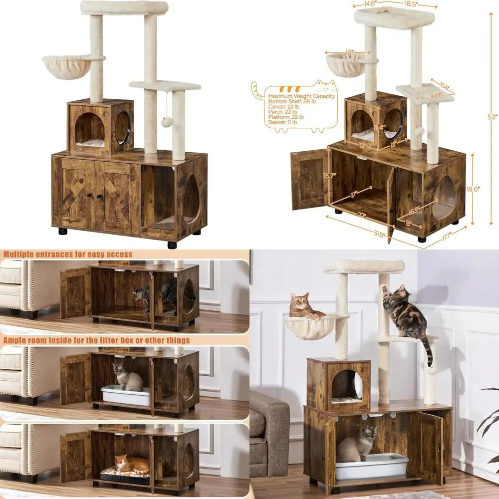 All-in-One Indoor Cat Litter Box Enclosure with Tree, Scratching Posts, and Wooden Furniture for Kittens